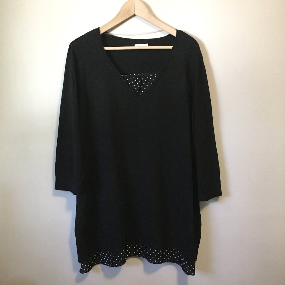 Boho Chic Black Rayon Cotton Sweater Polka Dot Insert Layered Look